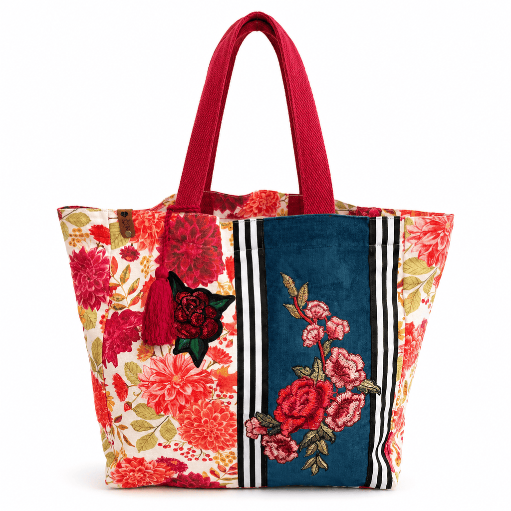 Borsa Tote in Tela Stampata Floreale Rose e Dalie | Borsa a Spalla Donna Quotidiana