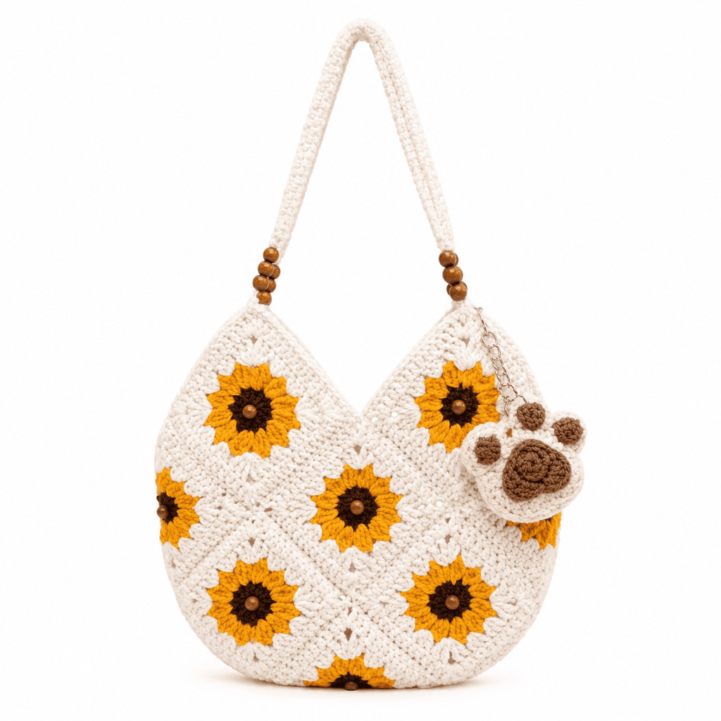 Borsa Uncinetto Girasole Granny Square | Borsa a Spalla in Lana con Perle di Legno Donna