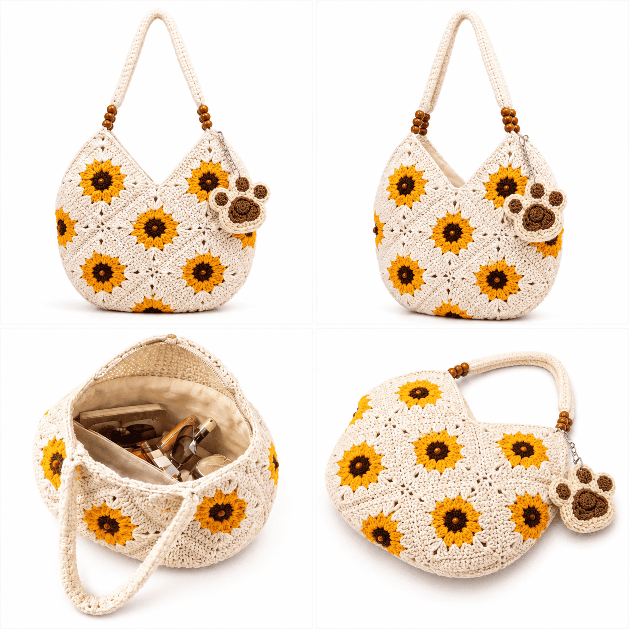 Borsa Uncinetto Girasole Granny Square | Borsa a Spalla in Lana con Perle di Legno Donna