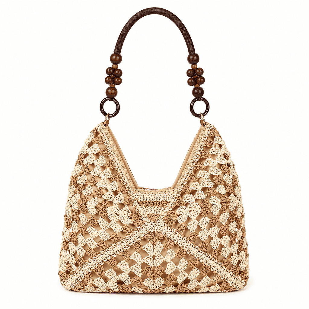 Borsa Tote Uncinetto Granny Square con Manici in Perle di Legno | Borsa a Spalla Donna