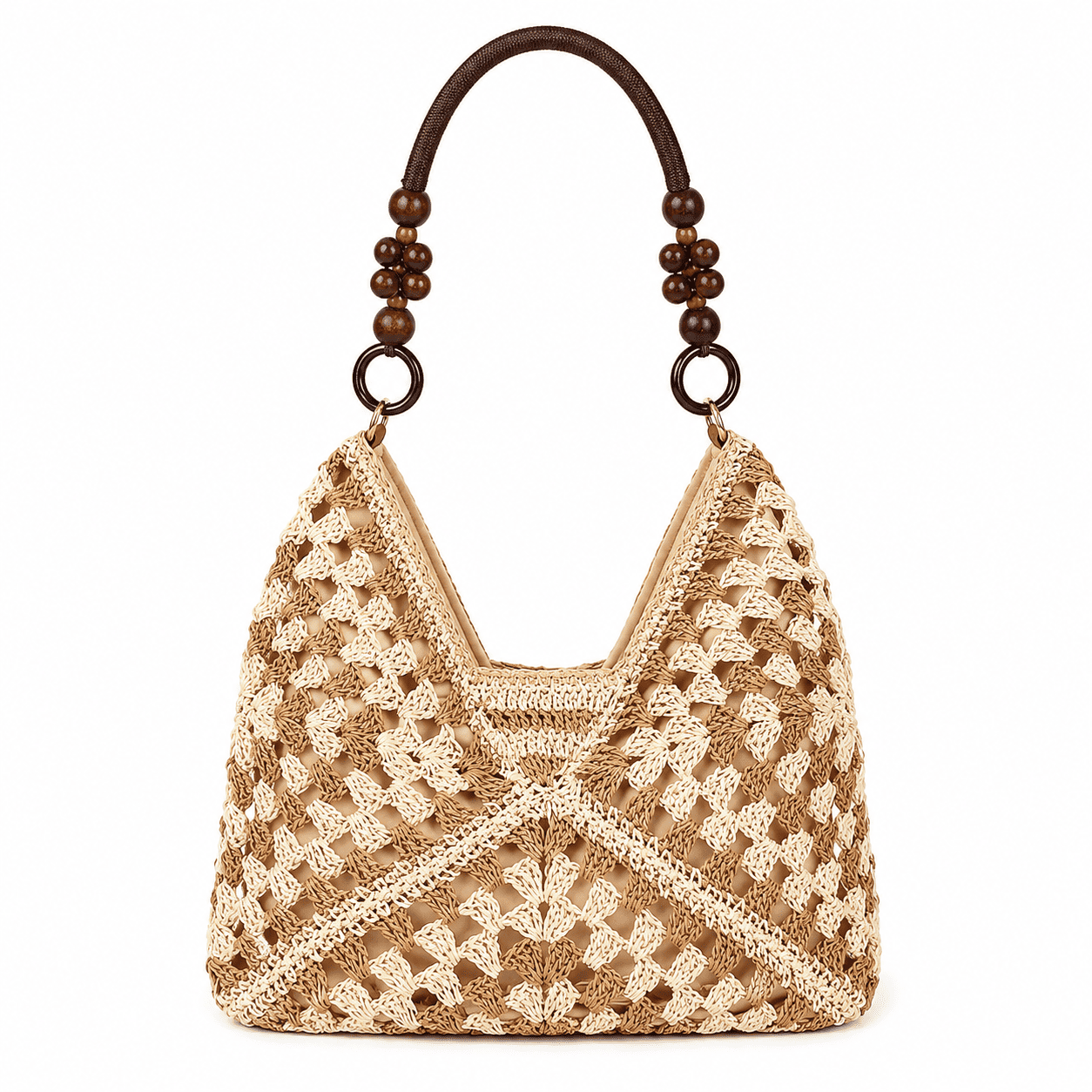 Borsa Tote Uncinetto Granny Square con Manici in Perle di Legno | Borsa a Spalla Donna