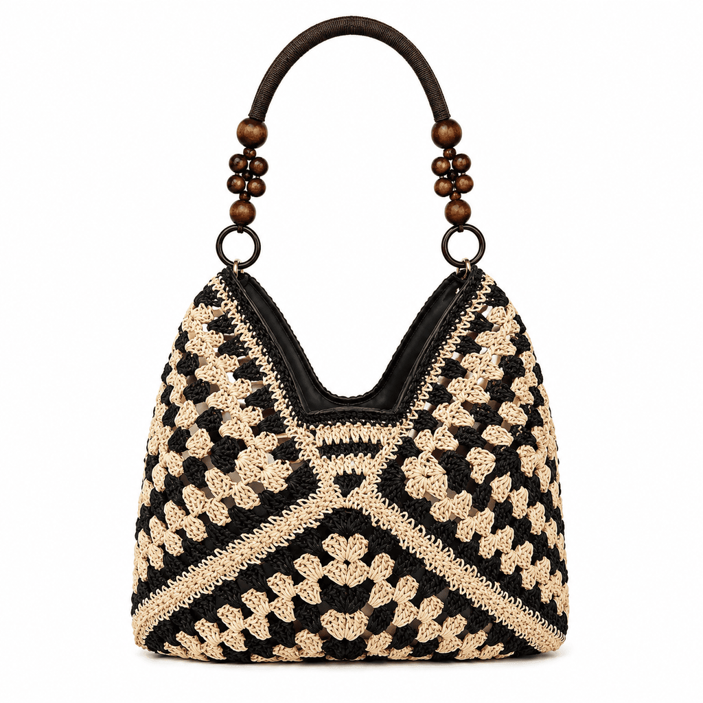 Borsa Tote Uncinetto Granny Square con Manici in Perle di Legno | Borsa a Spalla Donna