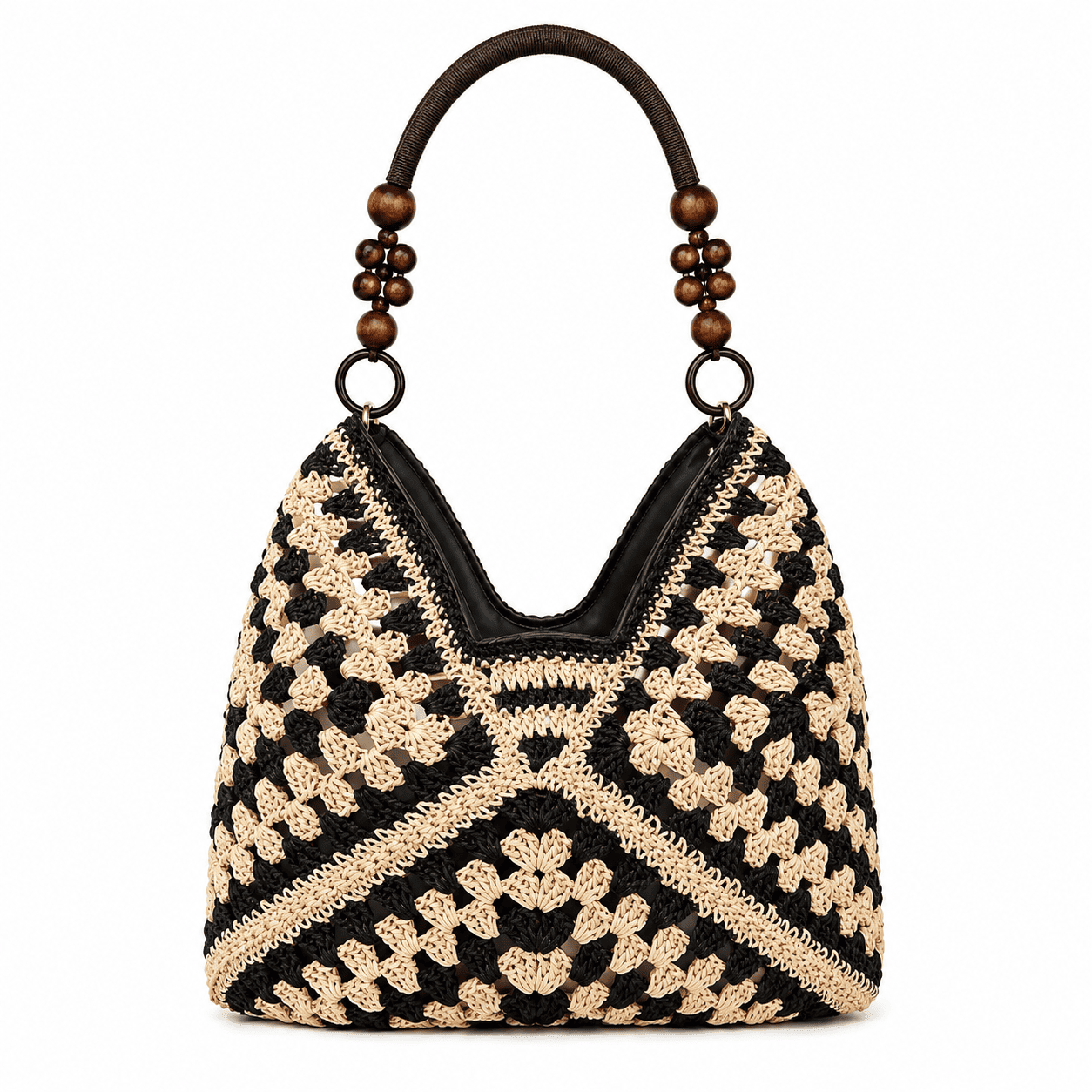 Borsa Tote Uncinetto Granny Square con Manici in Perle di Legno | Borsa a Spalla Donna