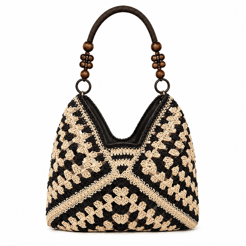 Borsa Tote Uncinetto Granny Square con Manici in Perle di Legno | Borsa a Spalla Donna