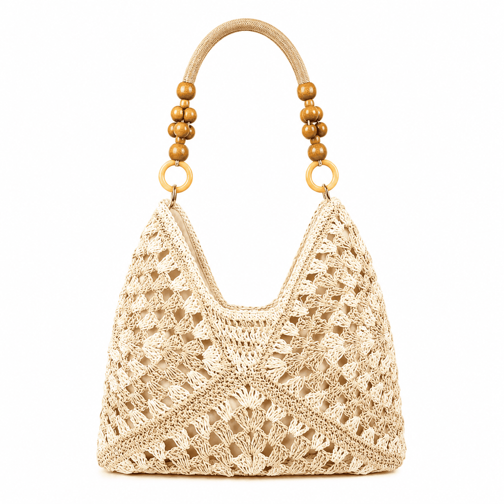 Borsa Tote Uncinetto Granny Square con Manici in Perle di Legno | Borsa a Spalla Donna