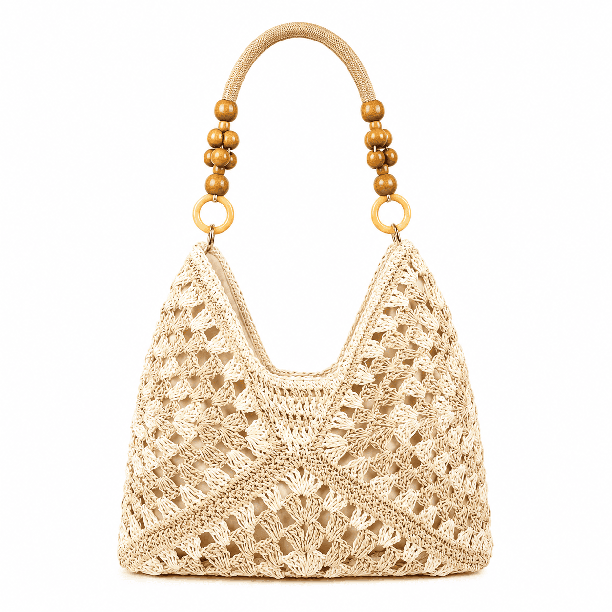 Borsa Tote Uncinetto Granny Square con Manici in Perle di Legno | Borsa a Spalla Donna