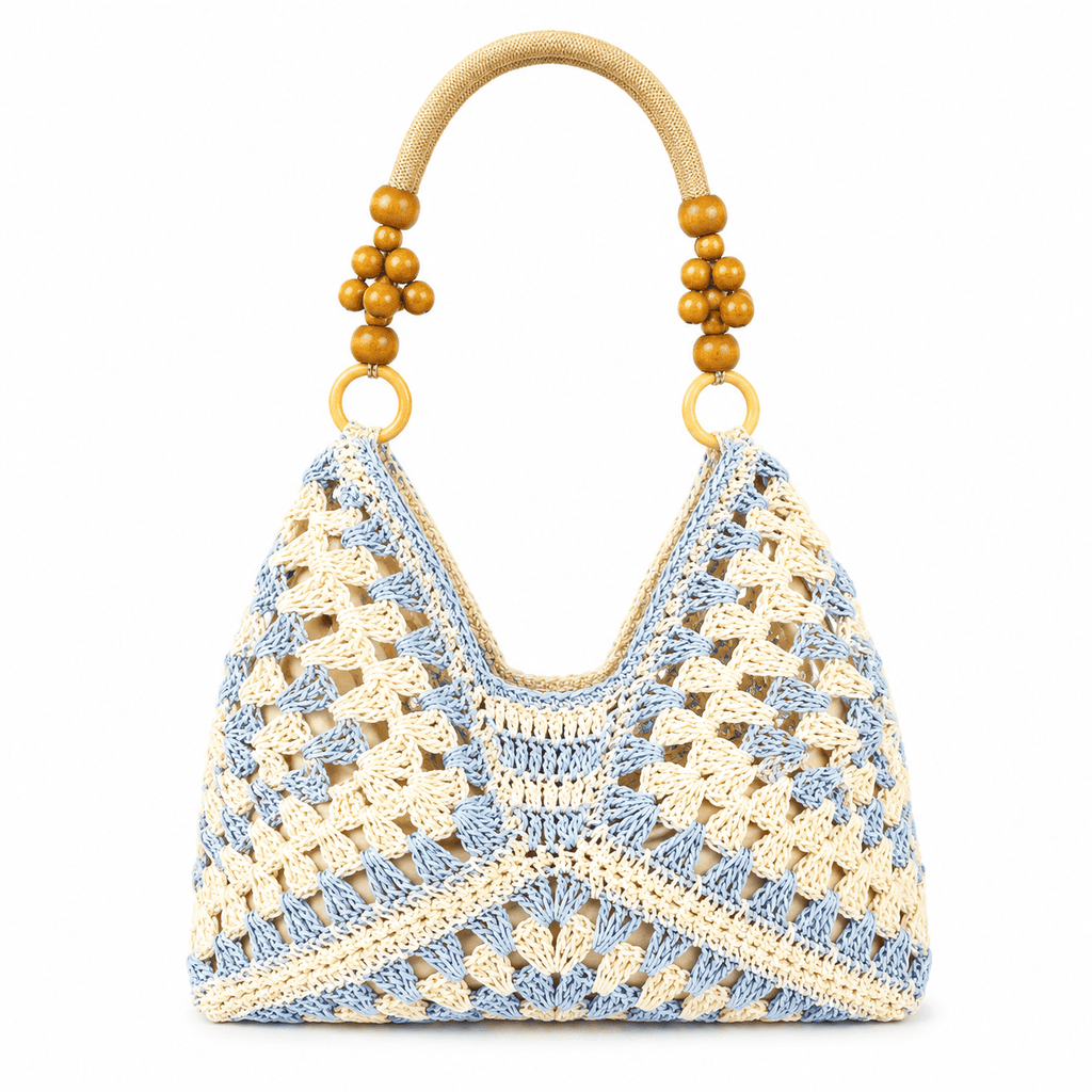 Borsa Tote Uncinetto Granny Square con Manici in Perle di Legno | Borsa a Spalla Donna
