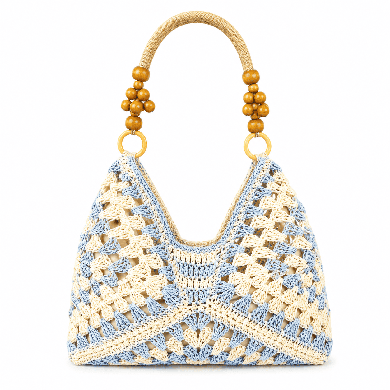 Borsa Tote Uncinetto Granny Square con Manici in Perle di Legno | Borsa a Spalla Donna